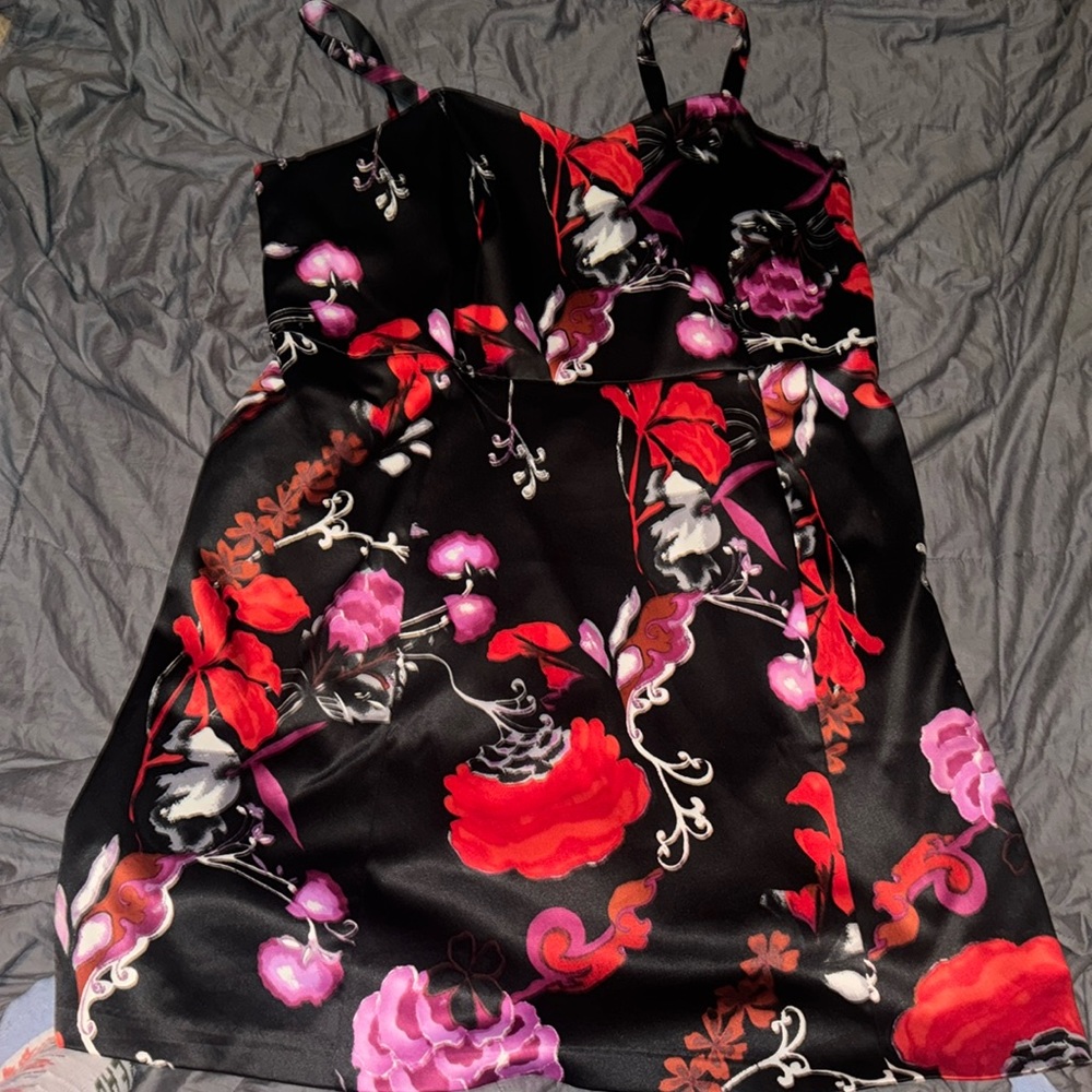 Formal black dress with red flowers